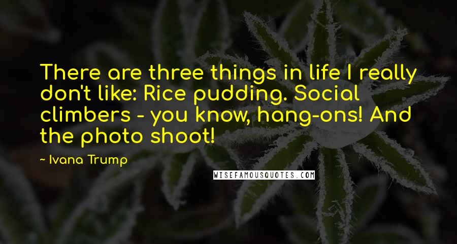 Ivana Trump Quotes: There are three things in life I really don't like: Rice pudding. Social climbers - you know, hang-ons! And the photo shoot!