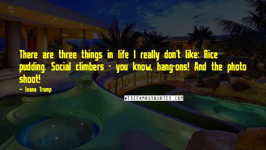 Ivana Trump Quotes: There are three things in life I really don't like: Rice pudding. Social climbers - you know, hang-ons! And the photo shoot!