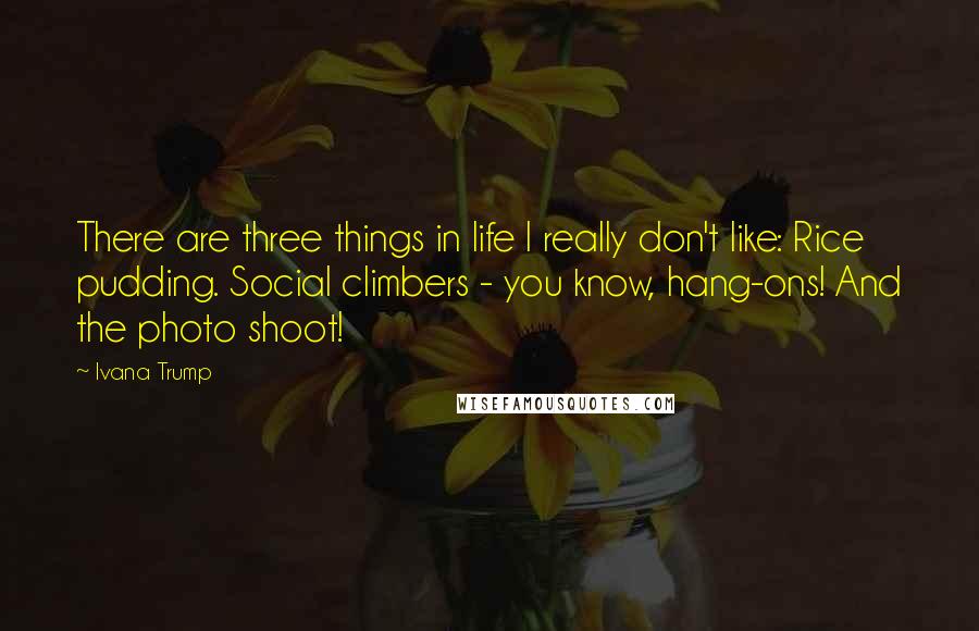 Ivana Trump Quotes: There are three things in life I really don't like: Rice pudding. Social climbers - you know, hang-ons! And the photo shoot!