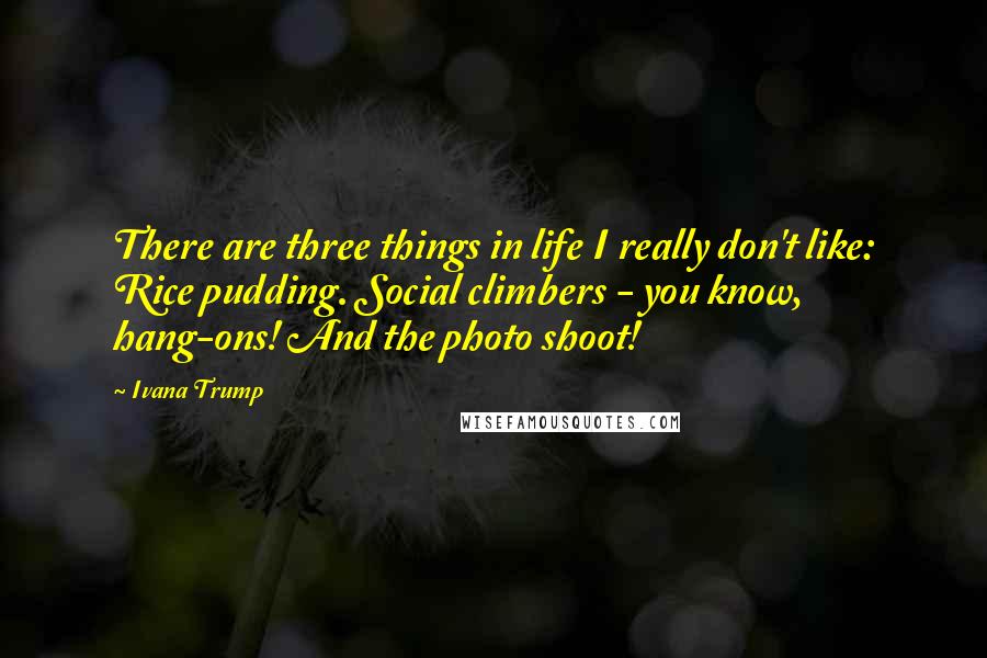 Ivana Trump Quotes: There are three things in life I really don't like: Rice pudding. Social climbers - you know, hang-ons! And the photo shoot!