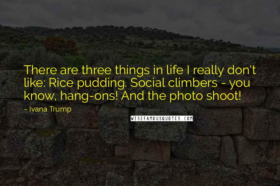 Ivana Trump Quotes: There are three things in life I really don't like: Rice pudding. Social climbers - you know, hang-ons! And the photo shoot!