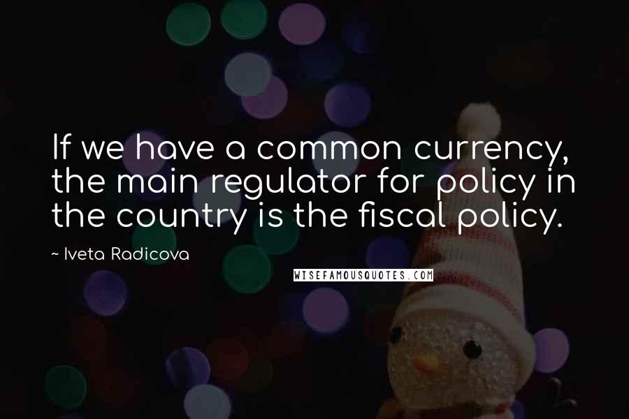 Iveta Radicova Quotes: If we have a common currency, the main regulator for policy in the country is the fiscal policy.