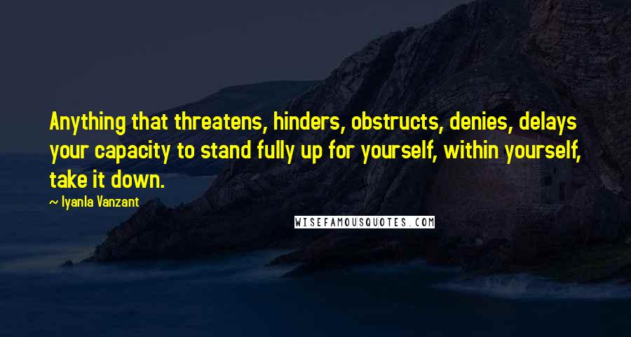 Iyanla Vanzant Quotes: Anything that threatens, hinders, obstructs, denies, delays your capacity to stand fully up for yourself, within yourself, take it down.