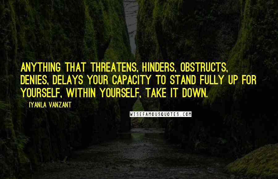 Iyanla Vanzant Quotes: Anything that threatens, hinders, obstructs, denies, delays your capacity to stand fully up for yourself, within yourself, take it down.