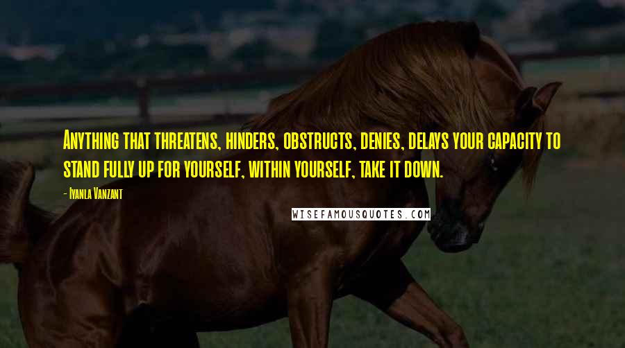 Iyanla Vanzant Quotes: Anything that threatens, hinders, obstructs, denies, delays your capacity to stand fully up for yourself, within yourself, take it down.