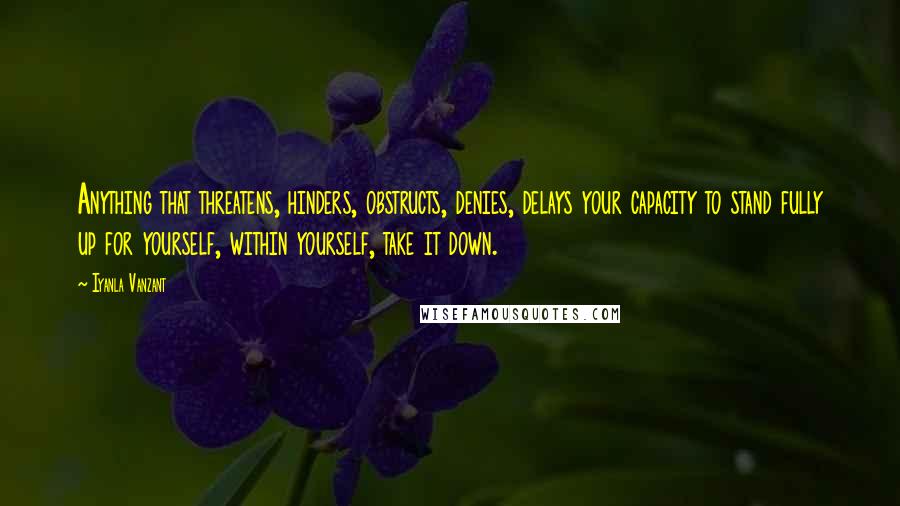 Iyanla Vanzant Quotes: Anything that threatens, hinders, obstructs, denies, delays your capacity to stand fully up for yourself, within yourself, take it down.