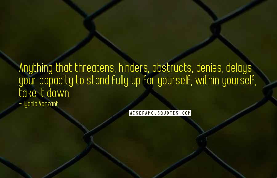 Iyanla Vanzant Quotes: Anything that threatens, hinders, obstructs, denies, delays your capacity to stand fully up for yourself, within yourself, take it down.