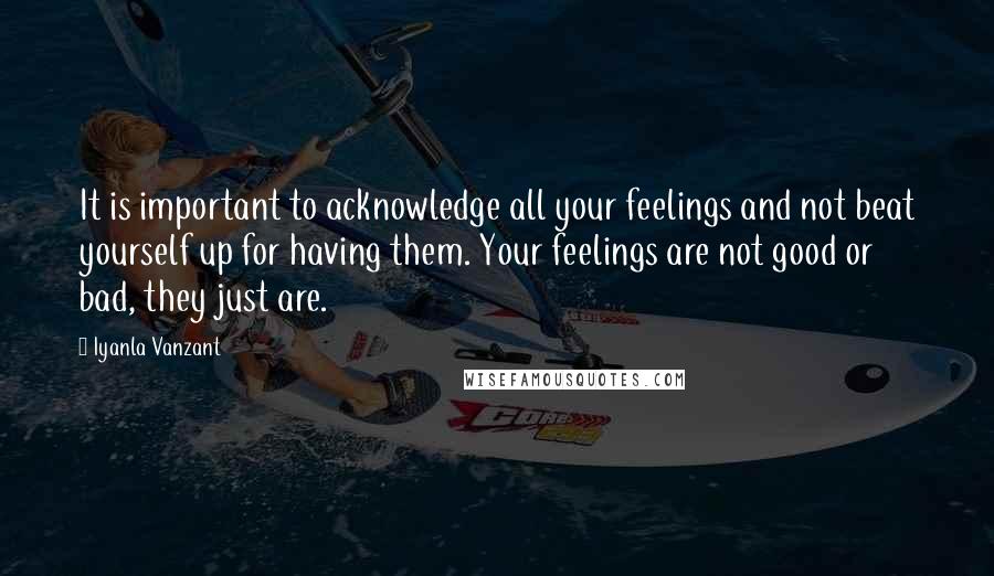 Iyanla Vanzant Quotes: It is important to acknowledge all your feelings and not beat yourself up for having them. Your feelings are not good or bad, they just are.
