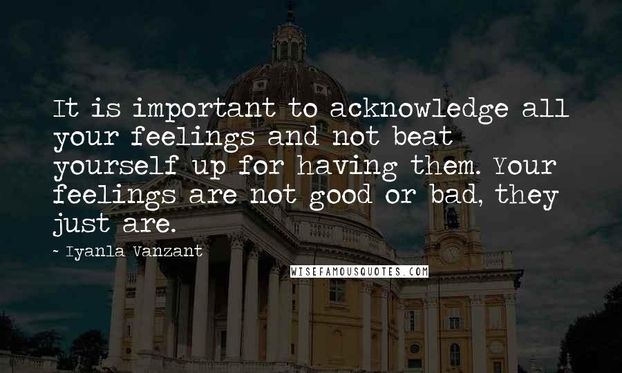 Iyanla Vanzant Quotes: It is important to acknowledge all your feelings and not beat yourself up for having them. Your feelings are not good or bad, they just are.