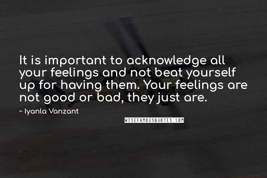 Iyanla Vanzant Quotes: It is important to acknowledge all your feelings and not beat yourself up for having them. Your feelings are not good or bad, they just are.