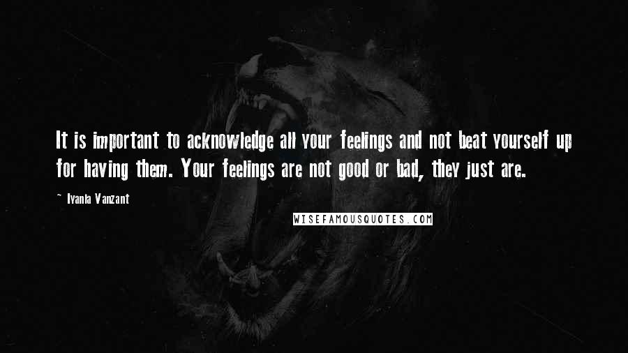 Iyanla Vanzant Quotes: It is important to acknowledge all your feelings and not beat yourself up for having them. Your feelings are not good or bad, they just are.