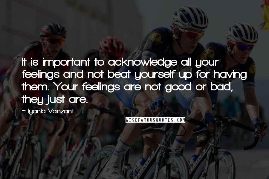 Iyanla Vanzant Quotes: It is important to acknowledge all your feelings and not beat yourself up for having them. Your feelings are not good or bad, they just are.