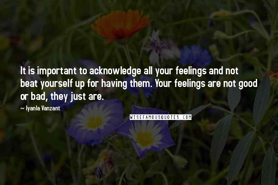 Iyanla Vanzant Quotes: It is important to acknowledge all your feelings and not beat yourself up for having them. Your feelings are not good or bad, they just are.