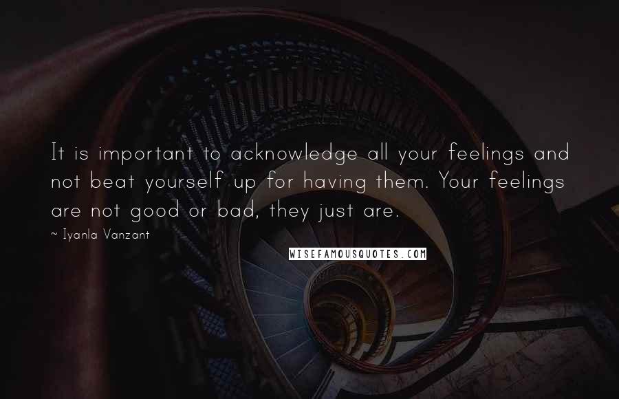 Iyanla Vanzant Quotes: It is important to acknowledge all your feelings and not beat yourself up for having them. Your feelings are not good or bad, they just are.