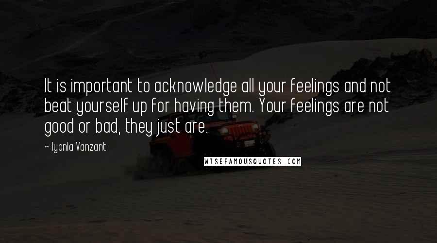 Iyanla Vanzant Quotes: It is important to acknowledge all your feelings and not beat yourself up for having them. Your feelings are not good or bad, they just are.