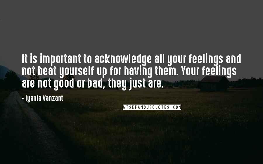 Iyanla Vanzant Quotes: It is important to acknowledge all your feelings and not beat yourself up for having them. Your feelings are not good or bad, they just are.