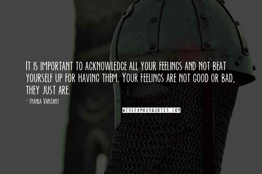 Iyanla Vanzant Quotes: It is important to acknowledge all your feelings and not beat yourself up for having them. Your feelings are not good or bad, they just are.