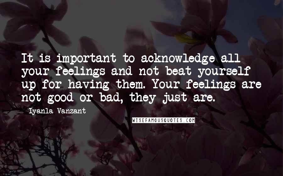 Iyanla Vanzant Quotes: It is important to acknowledge all your feelings and not beat yourself up for having them. Your feelings are not good or bad, they just are.
