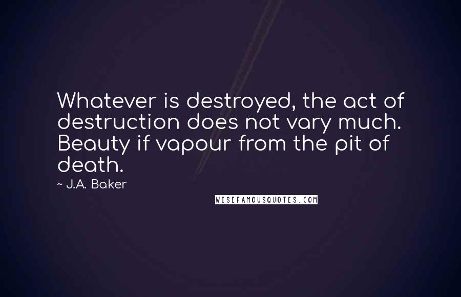 J.A. Baker Quotes: Whatever is destroyed, the act of destruction does not vary much. Beauty if vapour from the pit of death.
