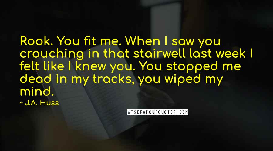 J.A. Huss Quotes: Rook. You fit me. When I saw you crouching in that stairwell last week I felt like I knew you. You stopped me dead in my tracks, you wiped my mind.