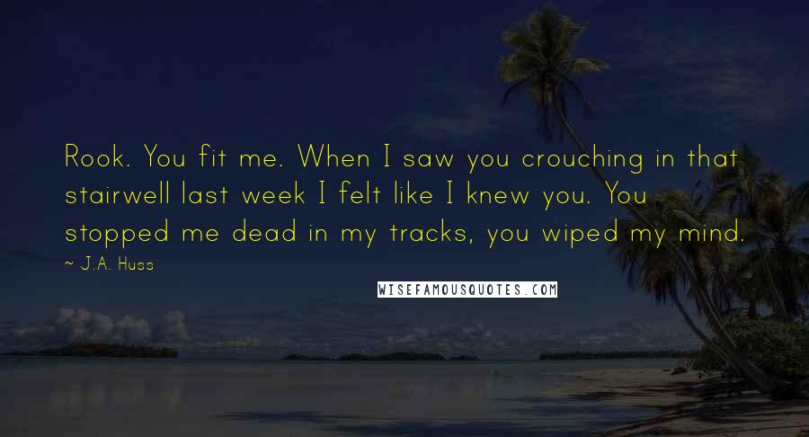 J.A. Huss Quotes: Rook. You fit me. When I saw you crouching in that stairwell last week I felt like I knew you. You stopped me dead in my tracks, you wiped my mind.