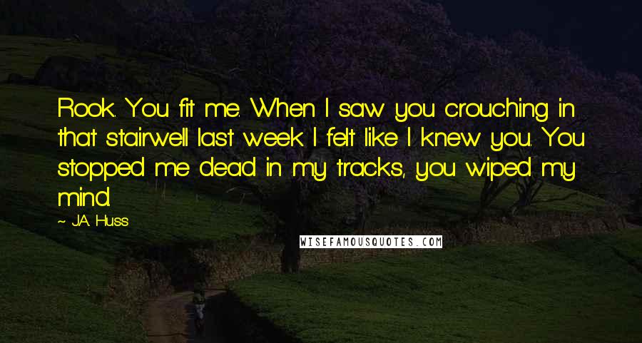 J.A. Huss Quotes: Rook. You fit me. When I saw you crouching in that stairwell last week I felt like I knew you. You stopped me dead in my tracks, you wiped my mind.