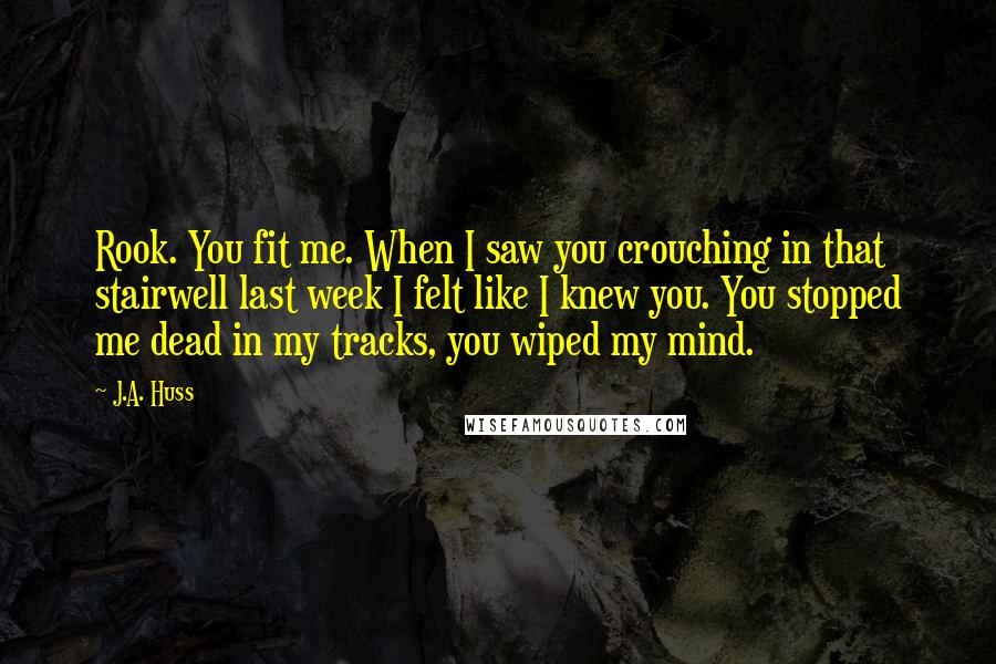 J.A. Huss Quotes: Rook. You fit me. When I saw you crouching in that stairwell last week I felt like I knew you. You stopped me dead in my tracks, you wiped my mind.