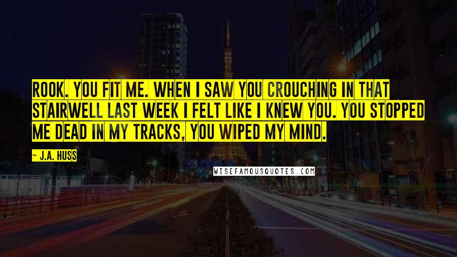 J.A. Huss Quotes: Rook. You fit me. When I saw you crouching in that stairwell last week I felt like I knew you. You stopped me dead in my tracks, you wiped my mind.