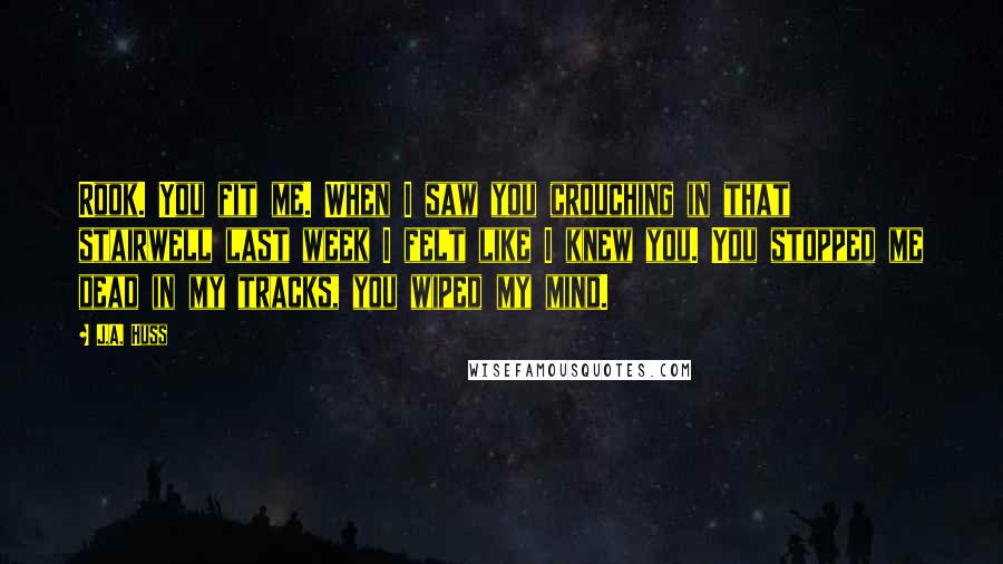 J.A. Huss Quotes: Rook. You fit me. When I saw you crouching in that stairwell last week I felt like I knew you. You stopped me dead in my tracks, you wiped my mind.