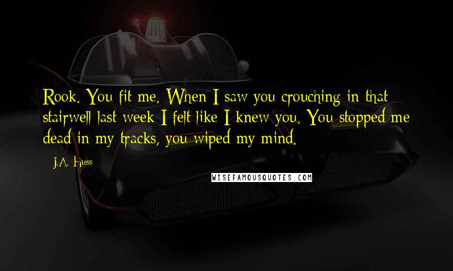 J.A. Huss Quotes: Rook. You fit me. When I saw you crouching in that stairwell last week I felt like I knew you. You stopped me dead in my tracks, you wiped my mind.