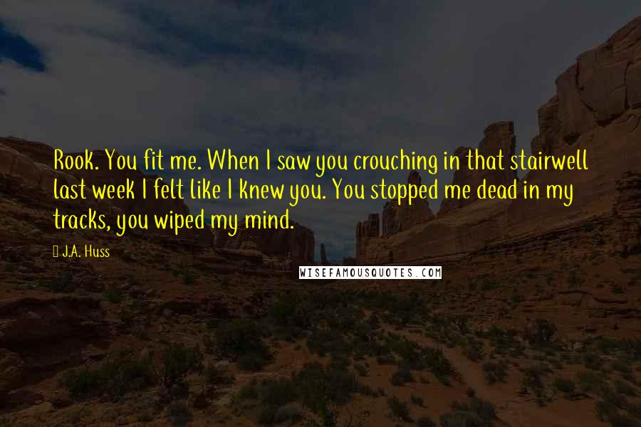 J.A. Huss Quotes: Rook. You fit me. When I saw you crouching in that stairwell last week I felt like I knew you. You stopped me dead in my tracks, you wiped my mind.