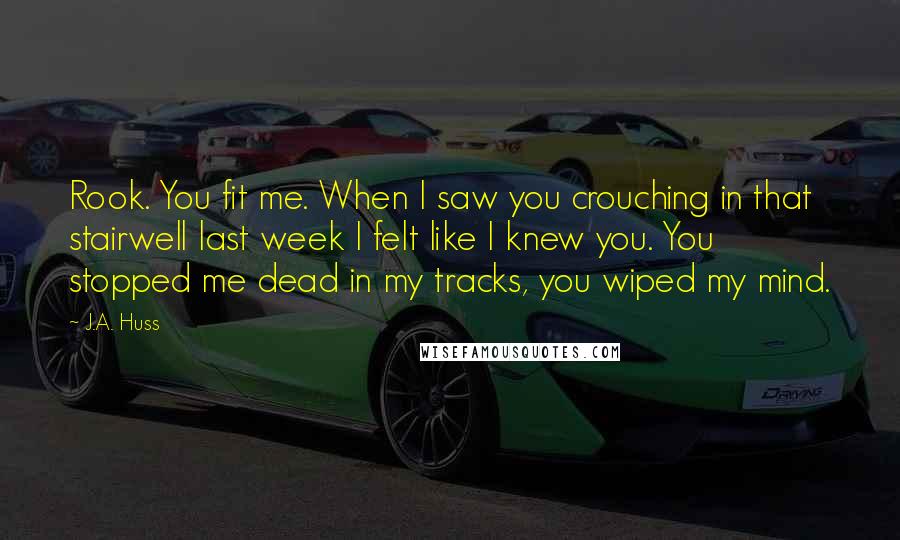 J.A. Huss Quotes: Rook. You fit me. When I saw you crouching in that stairwell last week I felt like I knew you. You stopped me dead in my tracks, you wiped my mind.