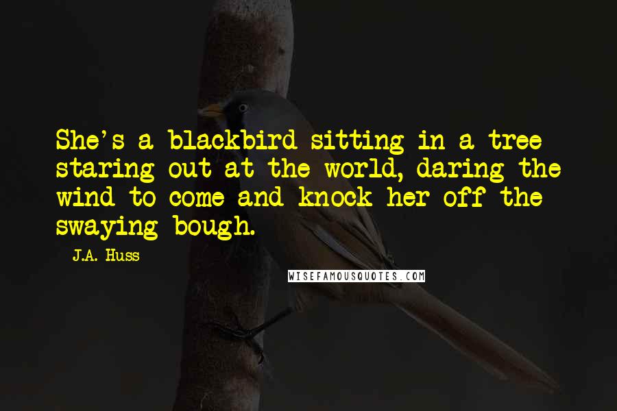 J.A. Huss Quotes: She's a blackbird sitting in a tree staring out at the world, daring the wind to come and knock her off the swaying bough.