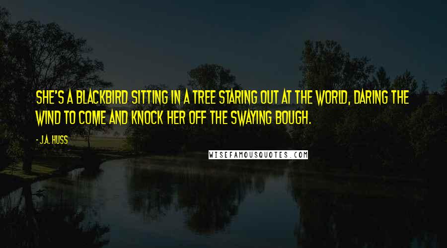 J.A. Huss Quotes: She's a blackbird sitting in a tree staring out at the world, daring the wind to come and knock her off the swaying bough.