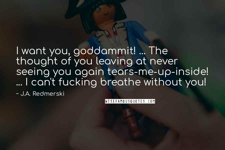 J.A. Redmerski Quotes: I want you, goddammit! ... The thought of you leaving at never seeing you again tears-me-up-inside! ... I can't fucking breathe without you!