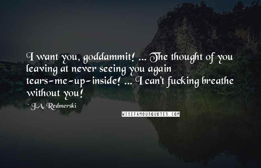 J.A. Redmerski Quotes: I want you, goddammit! ... The thought of you leaving at never seeing you again tears-me-up-inside! ... I can't fucking breathe without you!