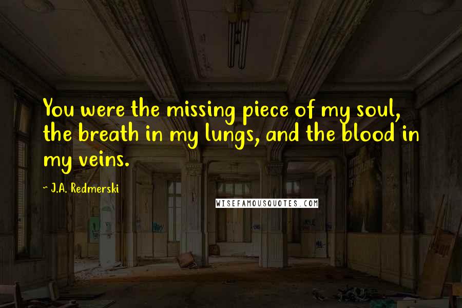 J.A. Redmerski Quotes: You were the missing piece of my soul, the breath in my lungs, and the blood in my veins.