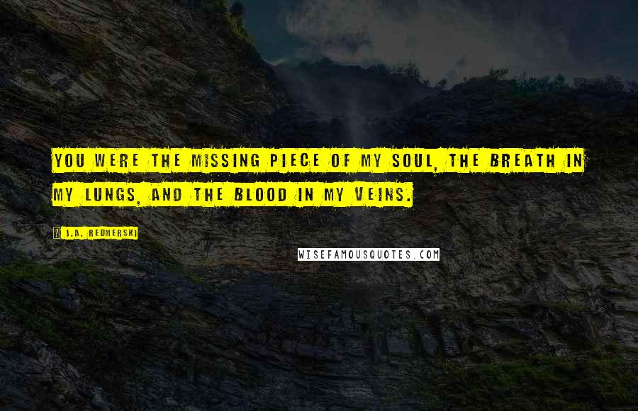 J.A. Redmerski Quotes: You were the missing piece of my soul, the breath in my lungs, and the blood in my veins.