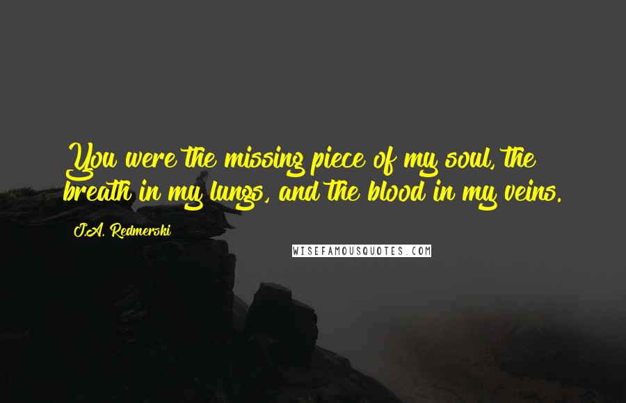 J.A. Redmerski Quotes: You were the missing piece of my soul, the breath in my lungs, and the blood in my veins.