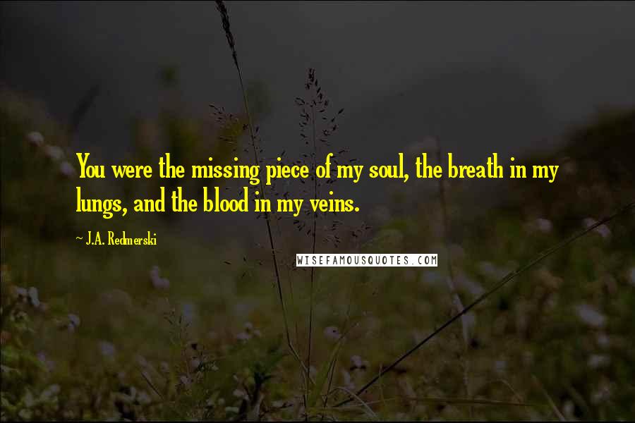 J.A. Redmerski Quotes: You were the missing piece of my soul, the breath in my lungs, and the blood in my veins.