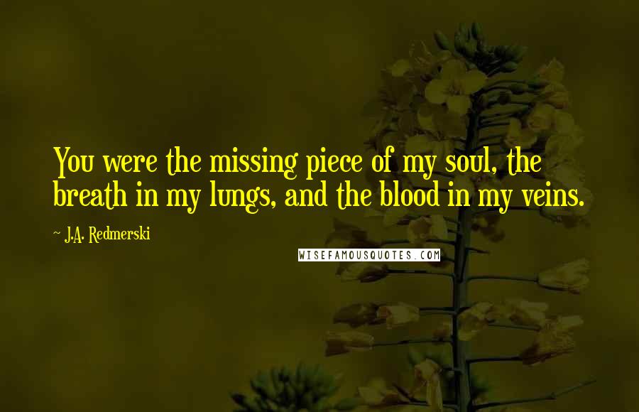 J.A. Redmerski Quotes: You were the missing piece of my soul, the breath in my lungs, and the blood in my veins.