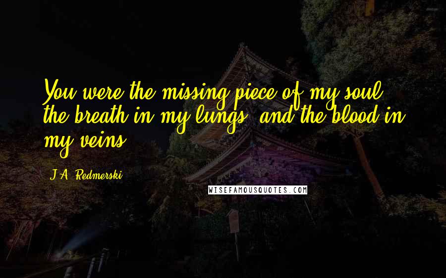 J.A. Redmerski Quotes: You were the missing piece of my soul, the breath in my lungs, and the blood in my veins.