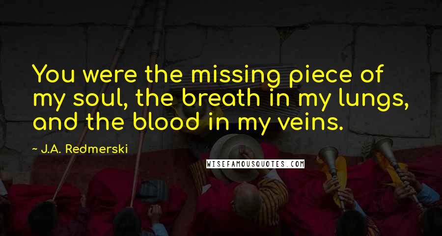 J.A. Redmerski Quotes: You were the missing piece of my soul, the breath in my lungs, and the blood in my veins.