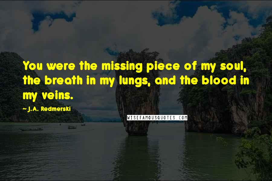 J.A. Redmerski Quotes: You were the missing piece of my soul, the breath in my lungs, and the blood in my veins.