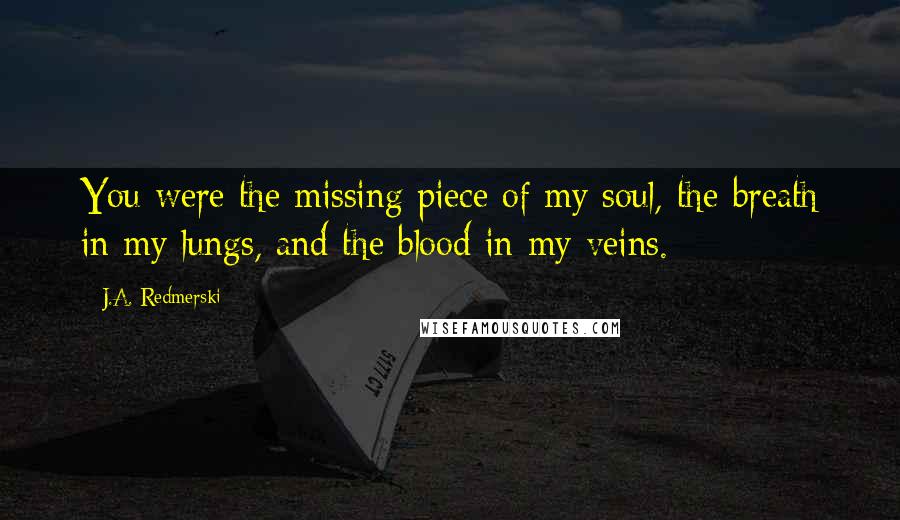 J.A. Redmerski Quotes: You were the missing piece of my soul, the breath in my lungs, and the blood in my veins.