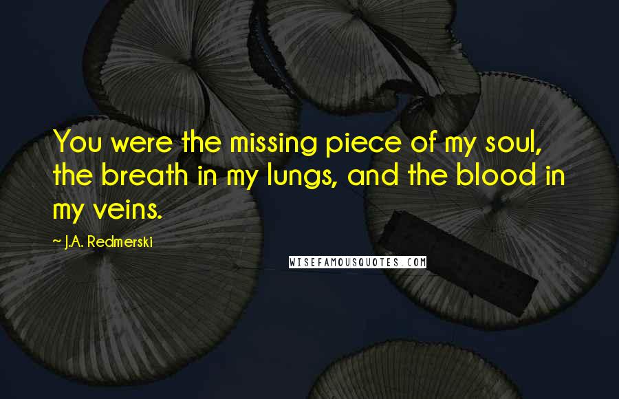 J.A. Redmerski Quotes: You were the missing piece of my soul, the breath in my lungs, and the blood in my veins.