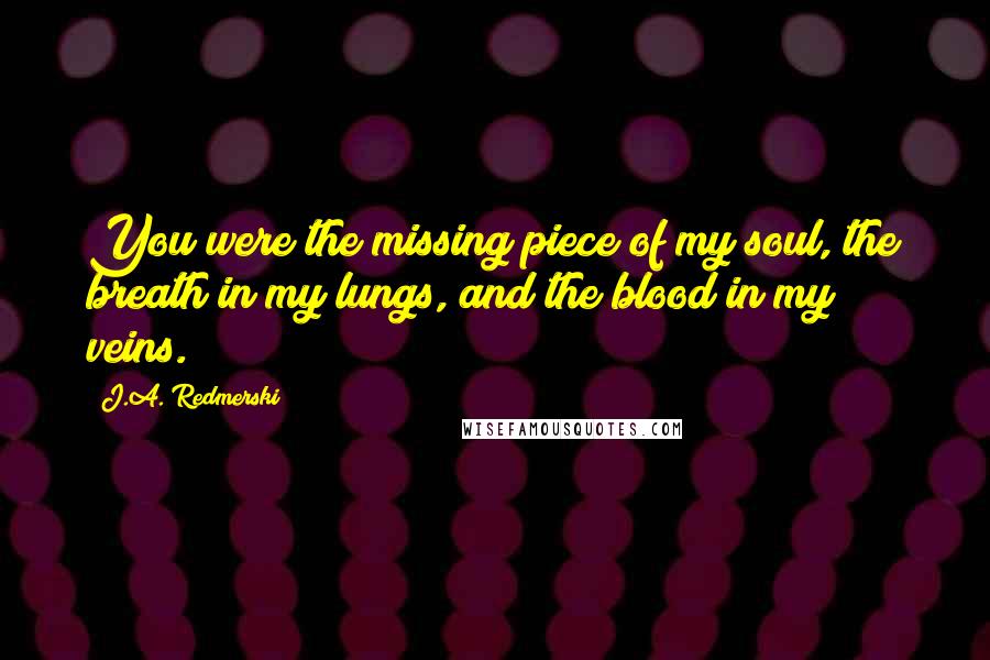 J.A. Redmerski Quotes: You were the missing piece of my soul, the breath in my lungs, and the blood in my veins.