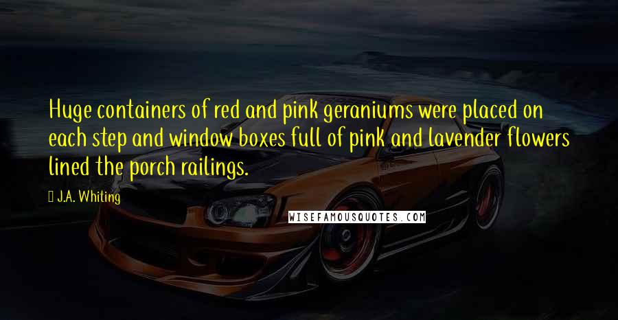 J.A. Whiting Quotes: Huge containers of red and pink geraniums were placed on each step and window boxes full of pink and lavender flowers lined the porch railings.