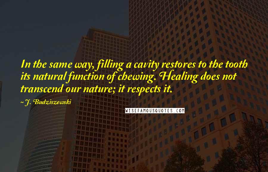 J. Budziszewski Quotes: In the same way, filling a cavity restores to the tooth its natural function of chewing. Healing does not transcend our nature; it respects it.