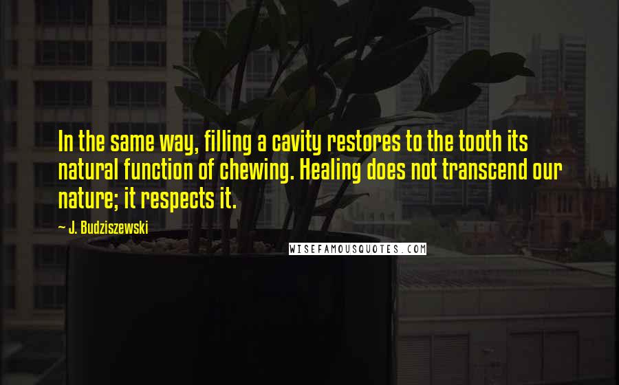 J. Budziszewski Quotes: In the same way, filling a cavity restores to the tooth its natural function of chewing. Healing does not transcend our nature; it respects it.